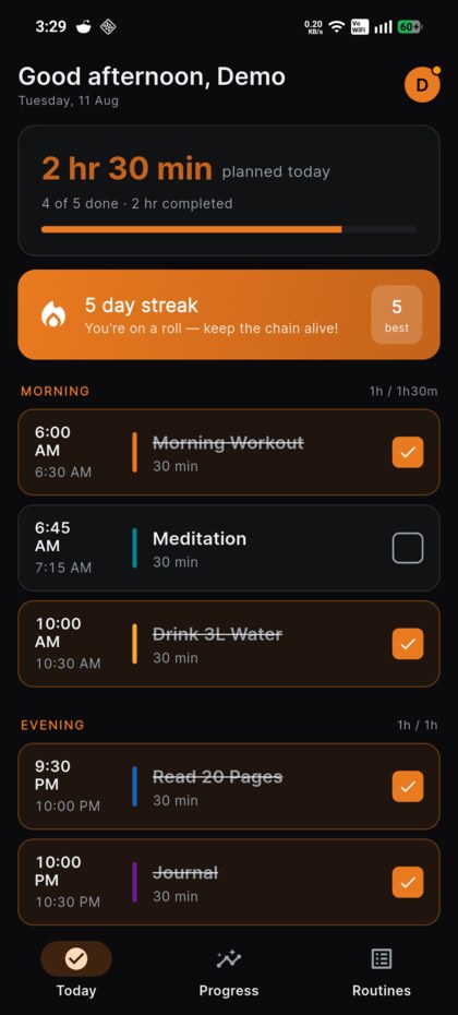 Today screen showing a five day streak and the day's routines
