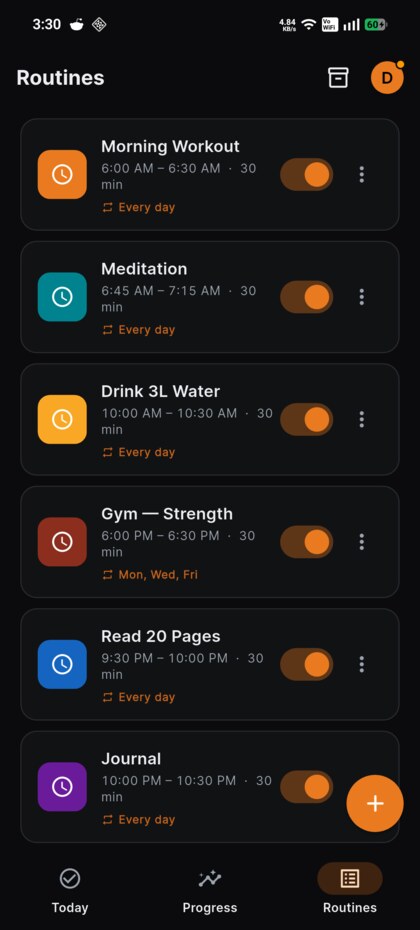 List of colour-coded routines with their schedules